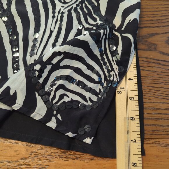 Vintage Diane Gilman Zebra Print Button-Up Black‎ White Silk Sequin Blouse Sz S - Picture 12 of 16